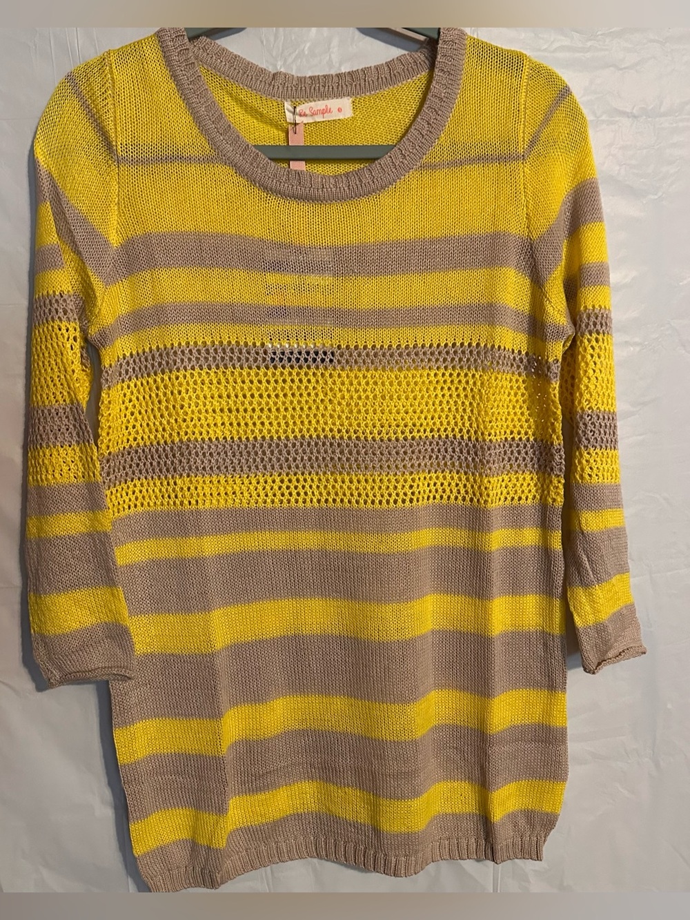 Simple Striped Open-Knit Crewneck Sweater in Yellow and Taupe
